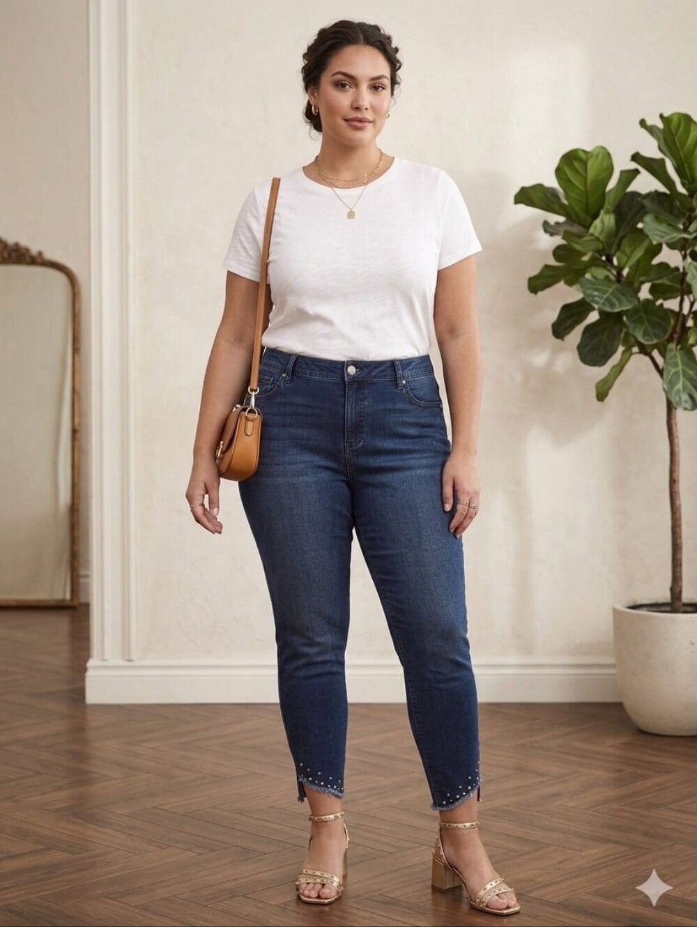 Women's Dark Blue Ankle Jeans with Studded Hem